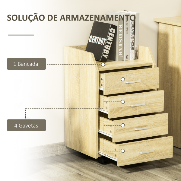 Vinsetto Bloco de Gavetas Móvel Auxiliar com 4 Gavetas Bancada Superior de Armazenamento 4 Rodas e 2 Freios para Estúdio Escritório 40x36x65cm Carvalho - Image 5