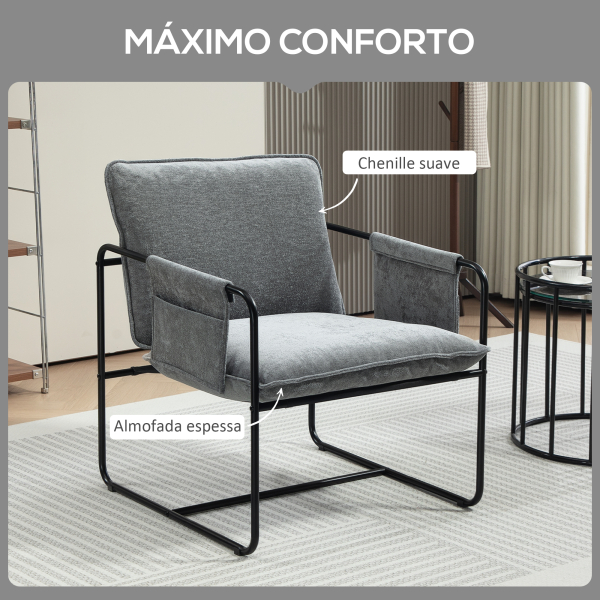 HOMCOM Poltrona Sala de Estar com Apoio para os Braços Bolso Lateral e Estrutura de Aço Poltrona para Dormitório 68x76x81 cm Cinza - Image 4
