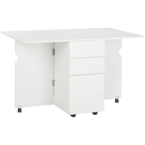 HOMCOM Mesa de Cozinha Dobrável com Laterais Dobráveis 6 Rodas e 2 Gavetas de Armazenamento 120x80x75 cm Branco