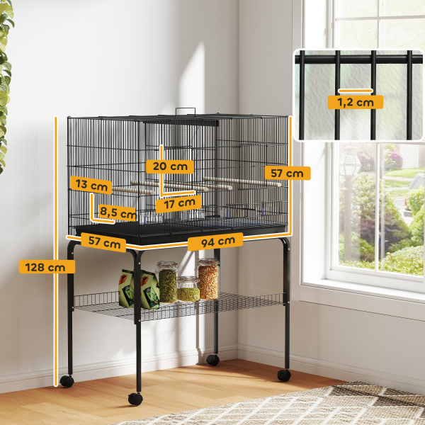 PawHut Gaiola para Pássaros com Divisória Rodas Gaiola para Aves com Comedouros Poleiros e Bandeja Removível 94x57x128 cm Preto - Image 3