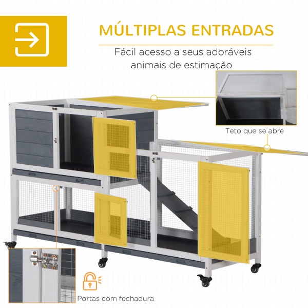 PawHut Coelheira de Madeira com Rodas 147x45,5x88,5cm Gaiola para Coelhos de 2 Níveis com Teto Abatível 2 Cercados de Metal 3 Bandejas Removíveis 3 Portas com Trava e Rampa Cinza - Image 5