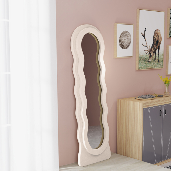 HOMCOM Espelho de Pé 50x160 cm Espelho de Corpo Inteiro ou de Parede com Desenho Assimétrico e Estrutura de Veludo Creme - Image 8