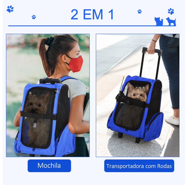 PawHut Transportadora 2 em 1 para Animais de Estimação Mochila ou Carrinho de Viagem para Cães e Gatos com 2 Rodas Alça Retrátil de Alumínio e Bolso de Armazenamento 42x25x55cm Azul - Image 4