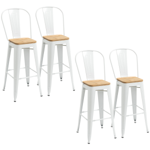 HOMCOM Conjunto de 4 Bancos Altos Empilháveis com Encosto Alto Apoio para os Pés Assento de Madeira 44x53x116 cm Branco