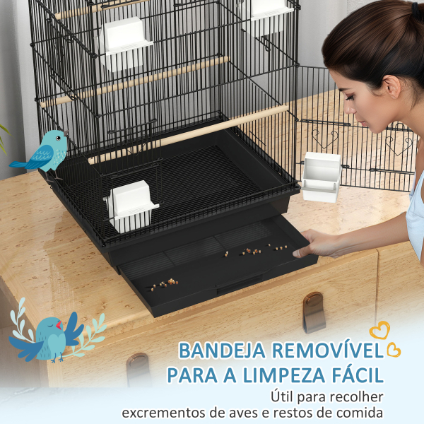PawHut Gaiola de Metal para Pássaros com Bandeja Amovível 4 Comedouros 3 Poleiros e 1 Baloiço 50,5x41x104 cm Preto - Image 5