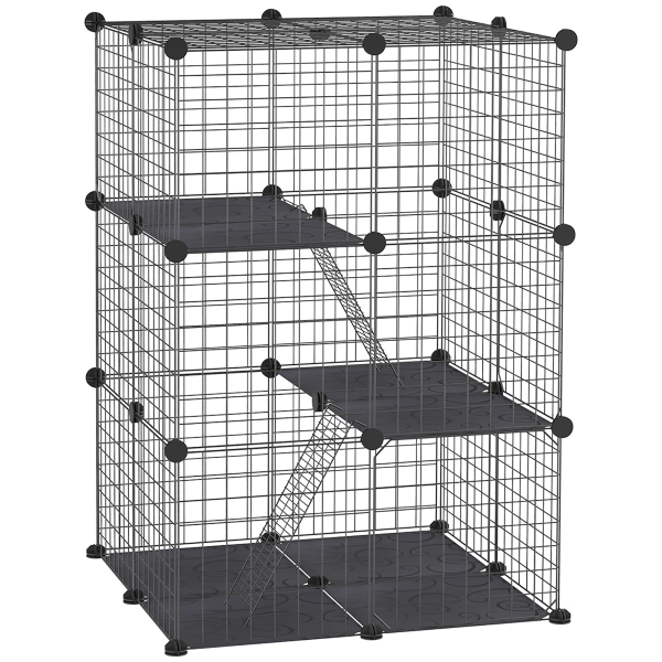 PawHut Recinto para Animais de Estimação de 3 Níveis com Rampas e Desenho Personalizável 70x70x105 cm Preto