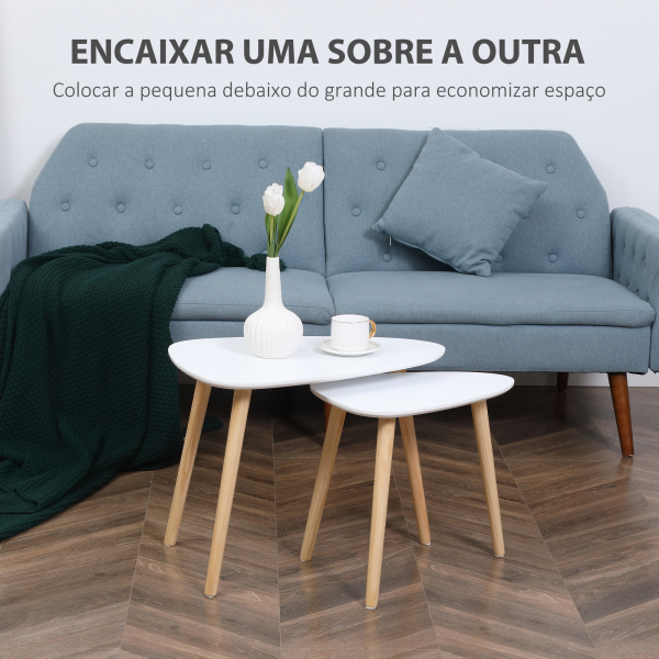 HOMCOM Conjunto de 2 Mesas Auxiliares com Pés de Madeira Mesas de Café 59,5x39,5x45cm e 44,5x28,5x40cm Branco - Image 4