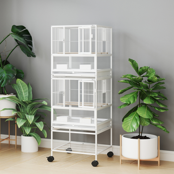 PawHut Gaiola para Pássaros de 2 Níveis com Rodas Painéis Acrílicos Comedouros Prateleira Bandejas Amovíveis  48x46x134,5 cm Branco - Image 9
