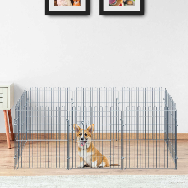 PawHut Parque para Animais de Estimação com 8 Paineis 63x76cm Cerca para Animais de Estimação com Porta com Trava para Jardim Pátio Exterior Prata - Image 2