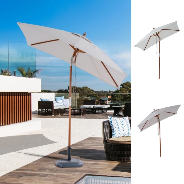 Outsunny Chapéu de Sol de Jardim 200x150x230cm Chapéu de Sol Retangular Inclinável com Polia Duplo Teto e Mastro Desmontável de Madeira para Terraço Pátio Creme - Image 8