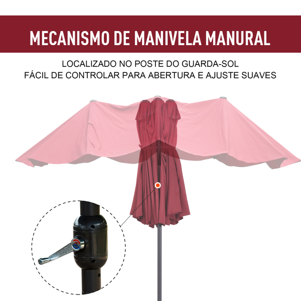 Outsunny Chapéu de Sol Duplo 4,55x2,68x2,38 m  Chapéu de Sol de Jardim com Manivela Manual Resistente à Água e com Proteção Solar UV para Terraço Pátio Vinho - Image 6