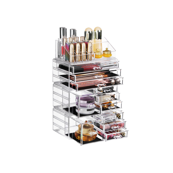 Organizador de maquiagem SONGMICS 4 em 1 XXL, caixa de maquiagem com 11 gavetas e 15 compartimentos em tamanhos diferentes, almofadas antiderrapantes, para cosméticos e joias, transparente JKA017TP - Image 2