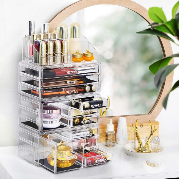 Organizador de maquiagem SONGMICS 4 em 1 XXL, caixa de maquiagem com 11 gavetas e 15 compartimentos em tamanhos diferentes, almofadas antiderrapantes, para cosméticos e joias, transparente JKA017TP - Image 3