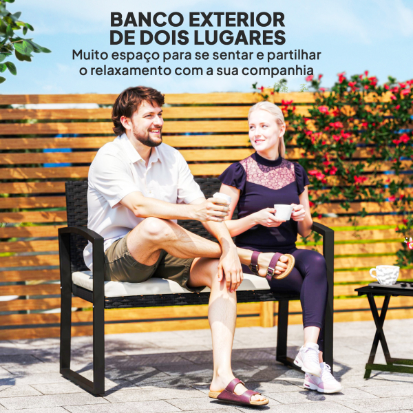 Outsunny Banco de Jardim em Vime Sintético de 2 Lugares Banco de Exterior com Almofada 103x58x78 cm Preto e Bege - Image 4