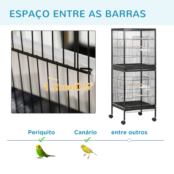 PawHut Gaiola para Pássaros com Rodas de 2 Níveis  com Bandejas Removíveis Portas Comedouros Poleiros 51,5x50x140 cm Preto - Image 7
