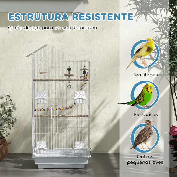 PawHut Gaiola para Passáros de Metal com Portas 4 Comedouros 3 Poleiros Baloiço Escadas e Bandeja Removível  46x36x100 cm Branco - Image 6