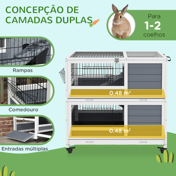 PawHut Coelheira de 2 Níveis 90x53x97 cm com Rodas Tejadilho Rebatível Tabuleiro Amovível Alimentador e Rampa cinzenta - Image 4