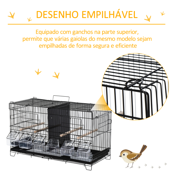 PawHut Gaiola para Pássaros com Divisória Ganchos Superiores Portas Comedouros Poleiros e Bandeja Amovível 59,5x26,5x39,5 cm Preto - Image 7