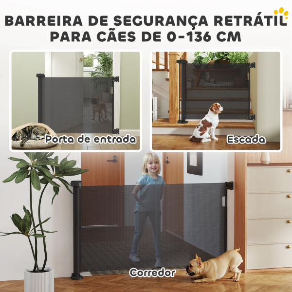 PawHut Barreira de Segurança para Cães Retrátil 0-136 cm  para Cães Pequenos com Botão de Fecho Preto - Image 4