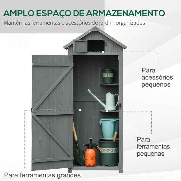 Outsunny Armário de Jardim de Madeira 77x54,2x179 cm 0,3 m² Armário de Armazenamento com 3 Prateleiras e 2 Portas Cinza e Verde - Image 4