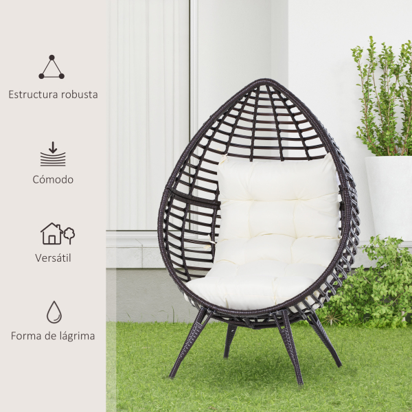 Outsunny Poltrona de Exterior de Vime com Almofada Estilo Moderno Forma de Lágrima Acolchoada Encosto 101x89x156 cm Carga 160kg Marrom e Bege - Image 6