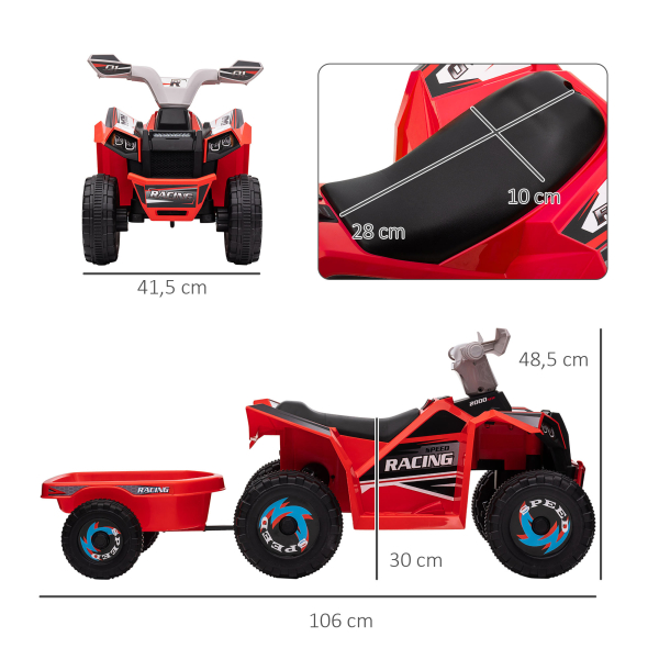 HOMCOM Quadriciclo Elétrico para Crianças com Reboque Bateria 6V de 18-36 Meses com Velocidade 2,5 km/h 106x41,5x48,5 cm Vermelho - Image 3