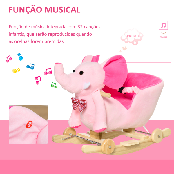 HOMCOM Cavalo Baloiço com Rodas e Forma de Elefante com Músicas Infantis e Cinto de Segurança 60x35x45 cm Rosa - Image 4