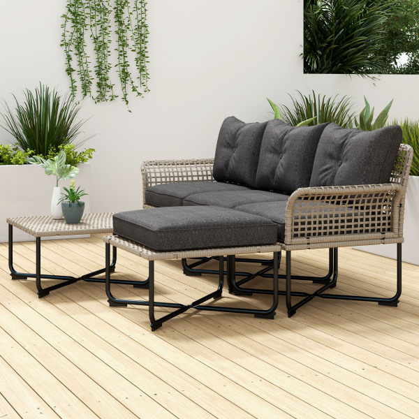 Outsunny Conjunto de Jardim em Vime Sintético Conjunto de Móveis de Exterior com Sofá de 4 Módulos 1 Mesa de Centro e Almofadas Cinza - Image 7