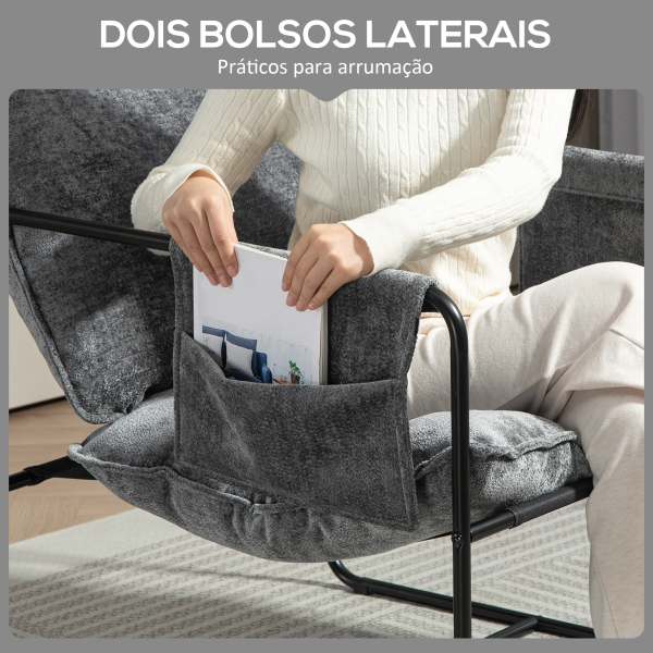 HOMCOM Poltrona Sala de Estar com Apoio para os Braços Bolso Lateral e Estrutura de Aço Poltrona para Dormitório 68x76x81 cm Cinza - Image 5