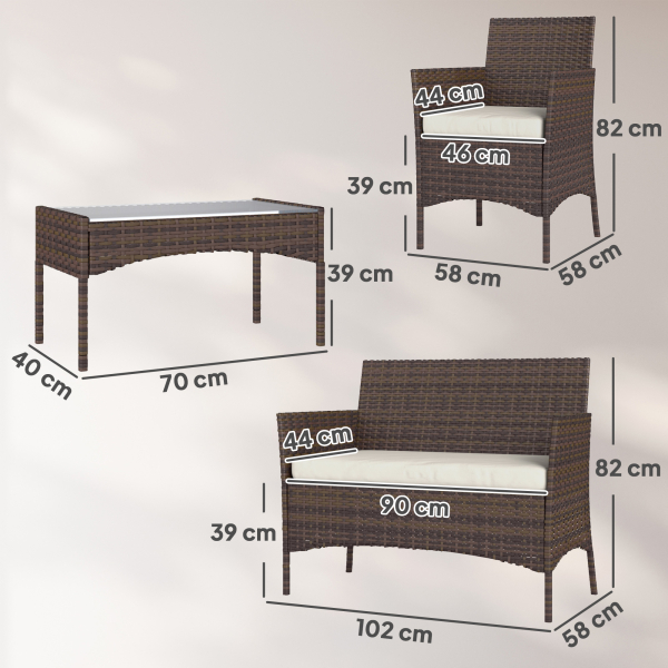 Outsunny Conjunto de Jardim em Vime com Almofadas Móveis de Exterior com 2 Poltronas Sofá de 2 Lugares Mesa com Vidro Marrom e Bege - Image 3