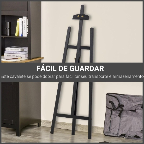 HOMCOM Cavalete para Pintura de Madeira Inclinável 90° com Suporte Tripé e Pincel 51,5x71,5x134,5cm Preto - Image 6