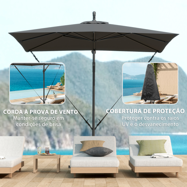 Outsunny Chapéu de Sol Excêntrico 247x247 cm com Base Cruzada Capa Ajustável Manivela Capa Protectora e Corda de Vento Cinza Escuro - Image 4