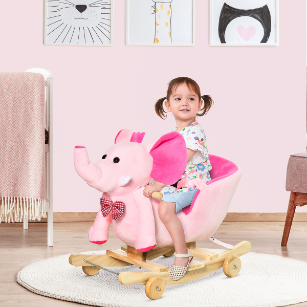 HOMCOM Cavalo Baloiço com Rodas e Forma de Elefante com Músicas Infantis e Cinto de Segurança 60x35x45 cm Rosa - Image 2