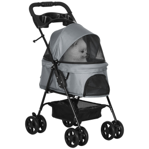 PawHut Carrinho de animal de estimação dobrável removível de aço Tecido Oxford Rodas giratórias Freios Janela para gatos pequenos Cães 67x45x96 cm Cinza