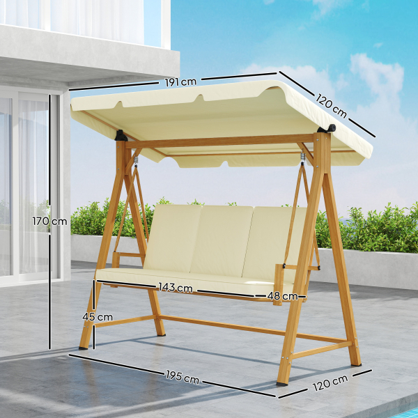 Outsunny Baloiço de Jardim de 3 Lugares com Toldo Ajustável Almofadas e Estrutura com Veios de Madeira 195x120x170 cm Madeira e Creme - Image 3