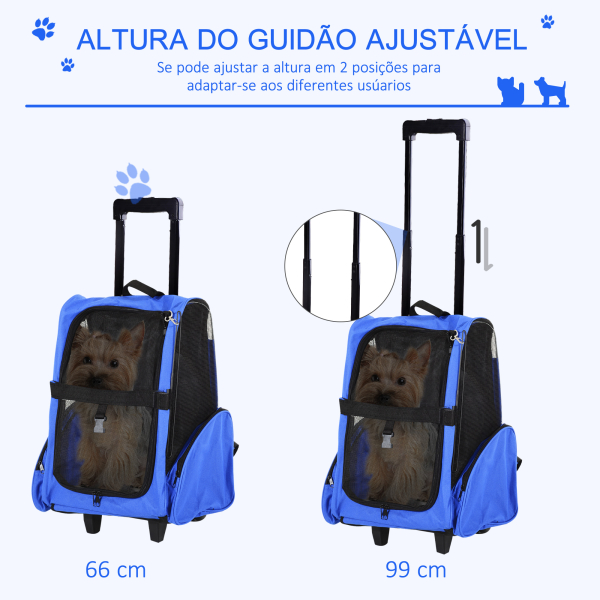 PawHut Transportadora 2 em 1 para Animais de Estimação Mochila ou Carrinho de Viagem para Cães e Gatos com 2 Rodas Alça Retrátil de Alumínio e Bolso de Armazenamento 42x25x55cm Azul - Image 5