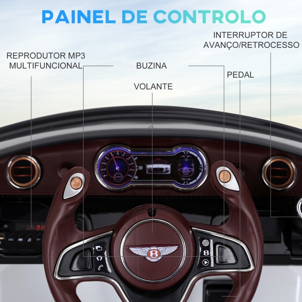 HOMCOM Carro elétrico infantil com licencia de Bentley GT para crianças acima de 3 anos com controle remoto 2 velocidades com faróis musica 108x60x43 cm Branco - Image 5