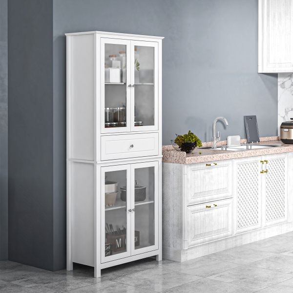 HOMCOM Armário de Cozinha com 4 Portas de Vidro Temperado Gaveta e Prateleiras Ajustáveis 74x35,5x181,5 cm Branco - Image 2