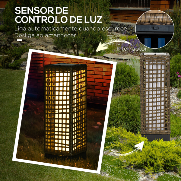 Outsunny Candeeiro Solar de Vime Sintético com Luzes LED Ligar/Desligar Automático para Varanda Pátio 15,5x15,5x46cm Marrom Areia - Image 6