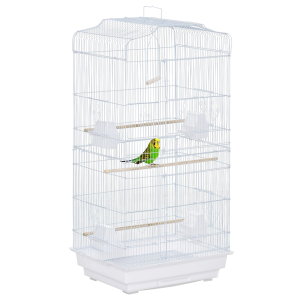 PawHut Gaiola para Passáros Gaiola de Metal com Portas 4 Comedouros 3 Poleiros Baloiço Bandeja Removível e Alça de Transporte para Papagaio Canário Periquito 46,5x35,5x92cm Branco