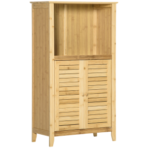 HOMCOM Armário Auxiliar Casa de Banho de Bambu com 2 Portas Compartimento Aberto e Prateleira Ajustável 50x25,5x92 cm Madeira