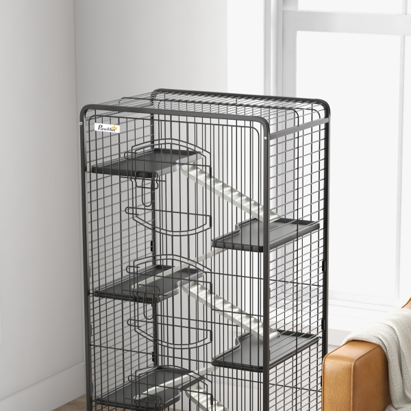 PawHut Gaiola para Pequenos Animais com 6 Níveis Gaiola para Roedores com Rodas Rampa e Bandeja Amovível  64x43,5x131 cm Preto - Image 8