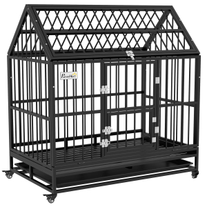 PawHut Gaiola para Cães Grandes 123x74x125 cm Canil Metálico com Rodas Bandeja Removível Trancas e Estrutura de Aço Preto