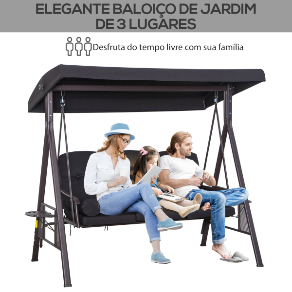 Outsunny Banco Baloiço de Jardim de 3 Lugares com Teto 2 Almofadas Suporte para Bebidas 206x116x183 cmPreto - Image 7
