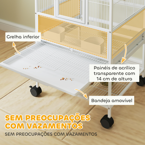 PawHut Gaiola para Pássaros de 2 Níveis com Rodas Painéis Acrílicos Comedouros Prateleira Bandejas Amovíveis  48x46x134,5 cm Branco - Image 4
