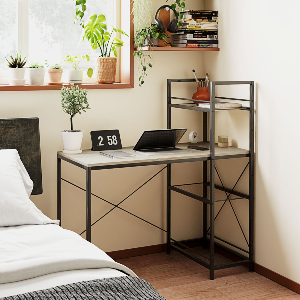 HOMCOM Secretária com Prateleira Reversível Estilo Industrial com Estrutura em Aço para Escritório 110x53x115,5 cm Carvalho e Preto - Image 2
