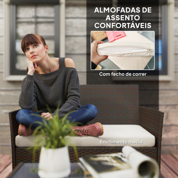 Outsunny Conjunto de Jardim em Vime com Almofadas Móveis de Exterior com 2 Poltronas Sofá de 2 Lugares Mesa com Vidro Marrom e Bege - Image 6