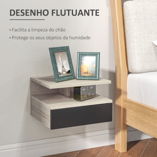 HOMCOM Conjunto de 2 Mesas de Cabeceira Flutuante com 1 Gaveta e Prateleira Aberta com Desenho Moderno Montado na Parede 35x32x22,5cm Carvalho Preto - Image 4