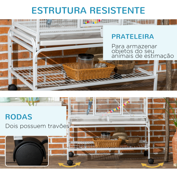 PawHut Gaiola para Pássaros com Rodas de 3 Níveis com 3 Poleiros Comedouros Brinquedos Rampas e Prateleira 83x53x180 cm Branco - Image 7