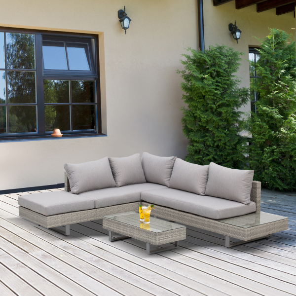 Outsunny Conjunto de Móveis de Vime 3 Peças Mesa de Centro Sofá Duplo e Sofá de 3 Lugares para Terraço Jardim Pátio Cinza - Image 2
